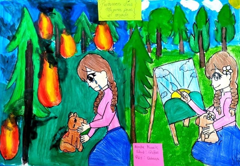 Hand-drawn illustration of a girl witnessing a forest fire on one side and painting a peaceful landscape on the other, symbolizing hope and change.
