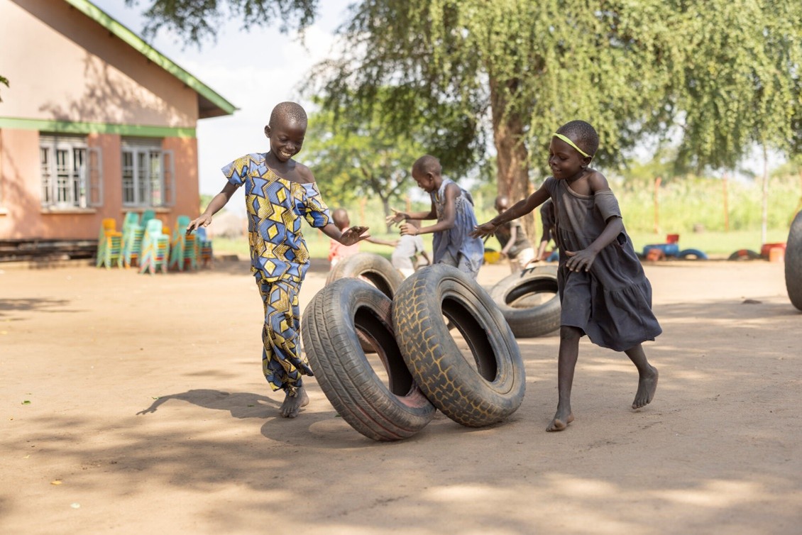 Child survivors of war in South Sudan play at our Child-Friendly Space in Uganda’s Palorinya Refugee Settlement.