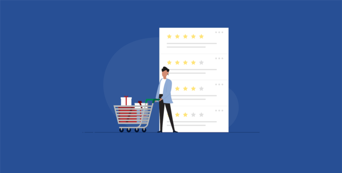 Holiday shopper with gifts with customer reviews behind him