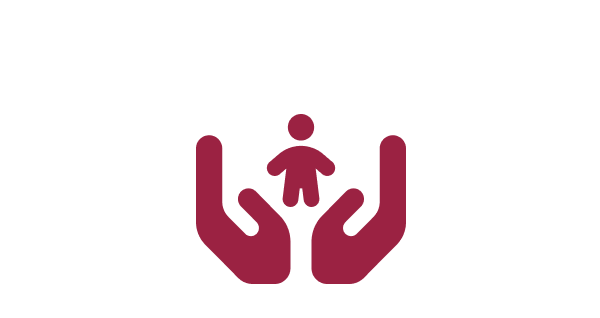 A maroon icon of two open hands holding a small child figure, symbolizing care, safety, and protection.