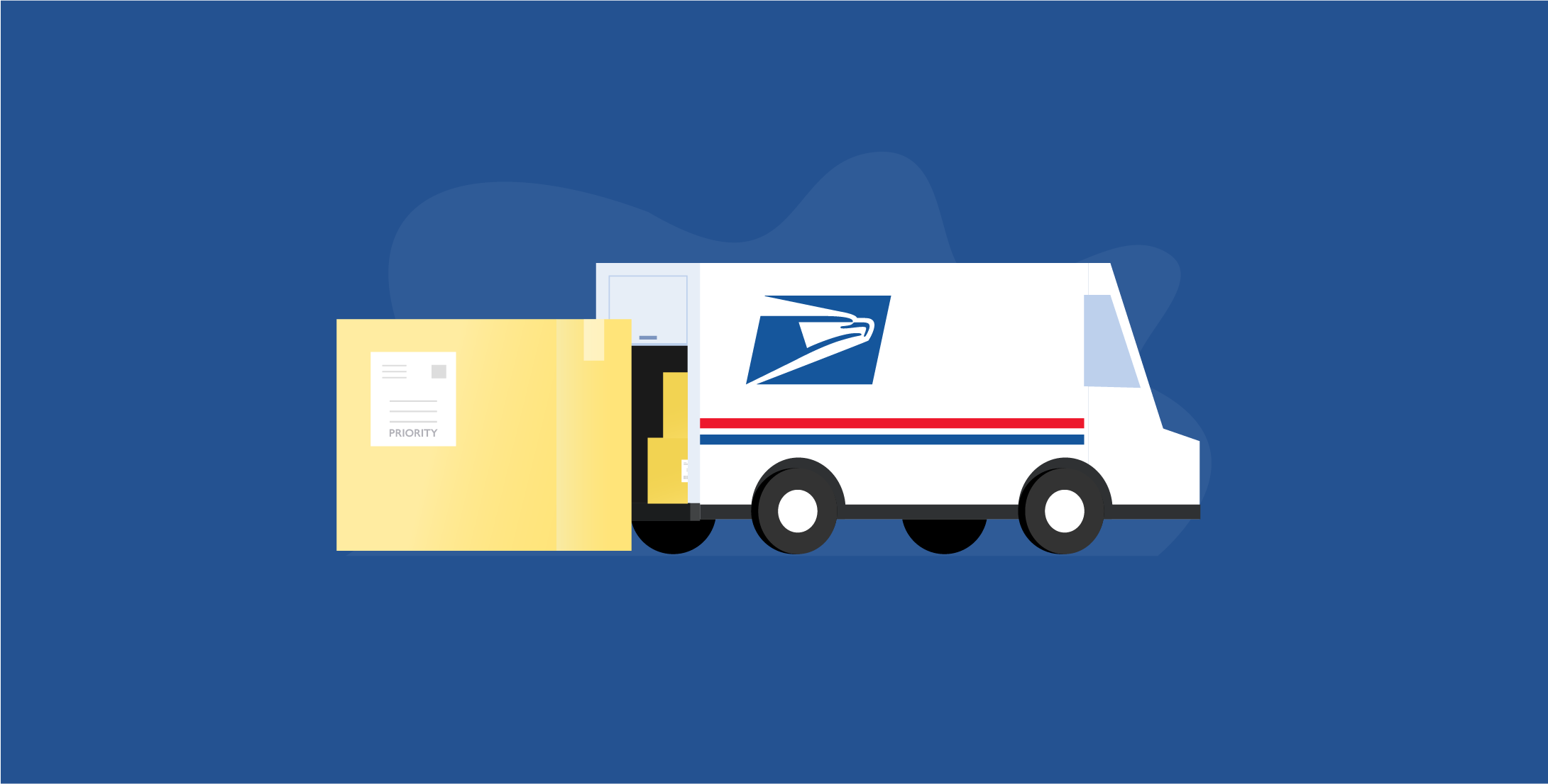 USPS truck delivering package with Priority Mail label on it