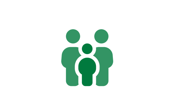 Green family icon with three abstract human figures, symbolizing a people-focused approach.